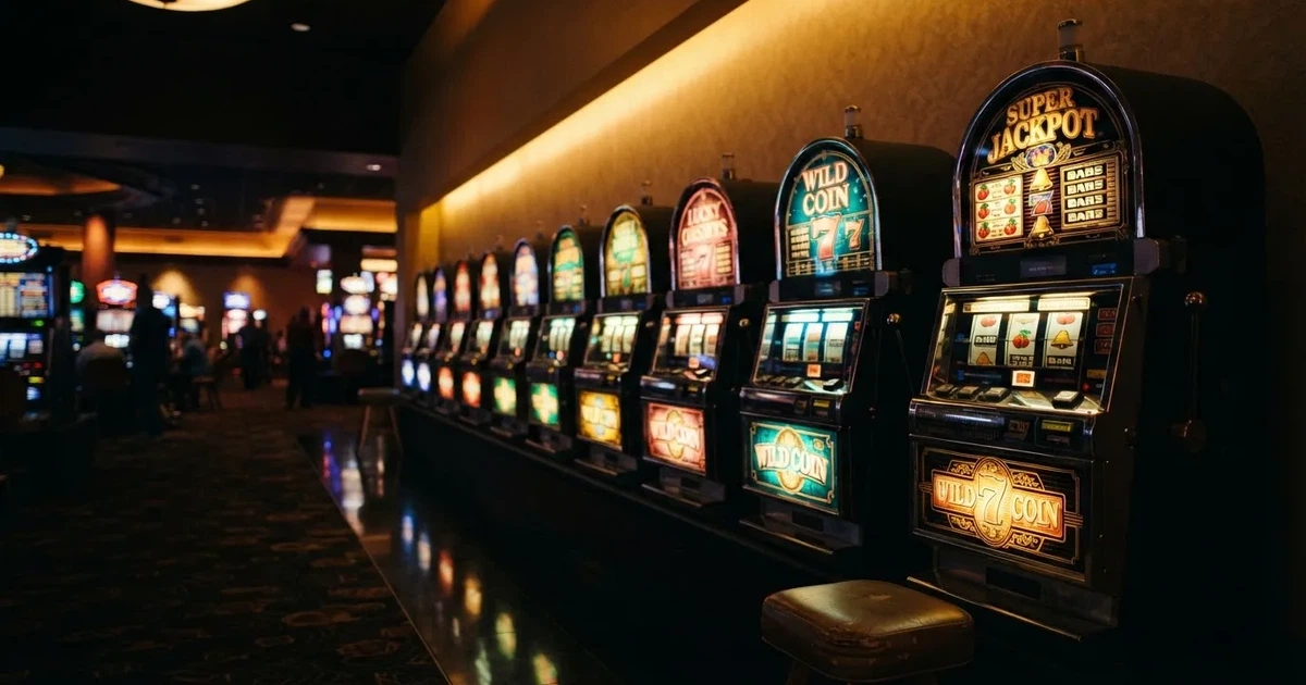 En rad spelskåp i en dunkel hall, rullarna lyser i olika färger och golvet speglar dem — casinon med craps i sverige