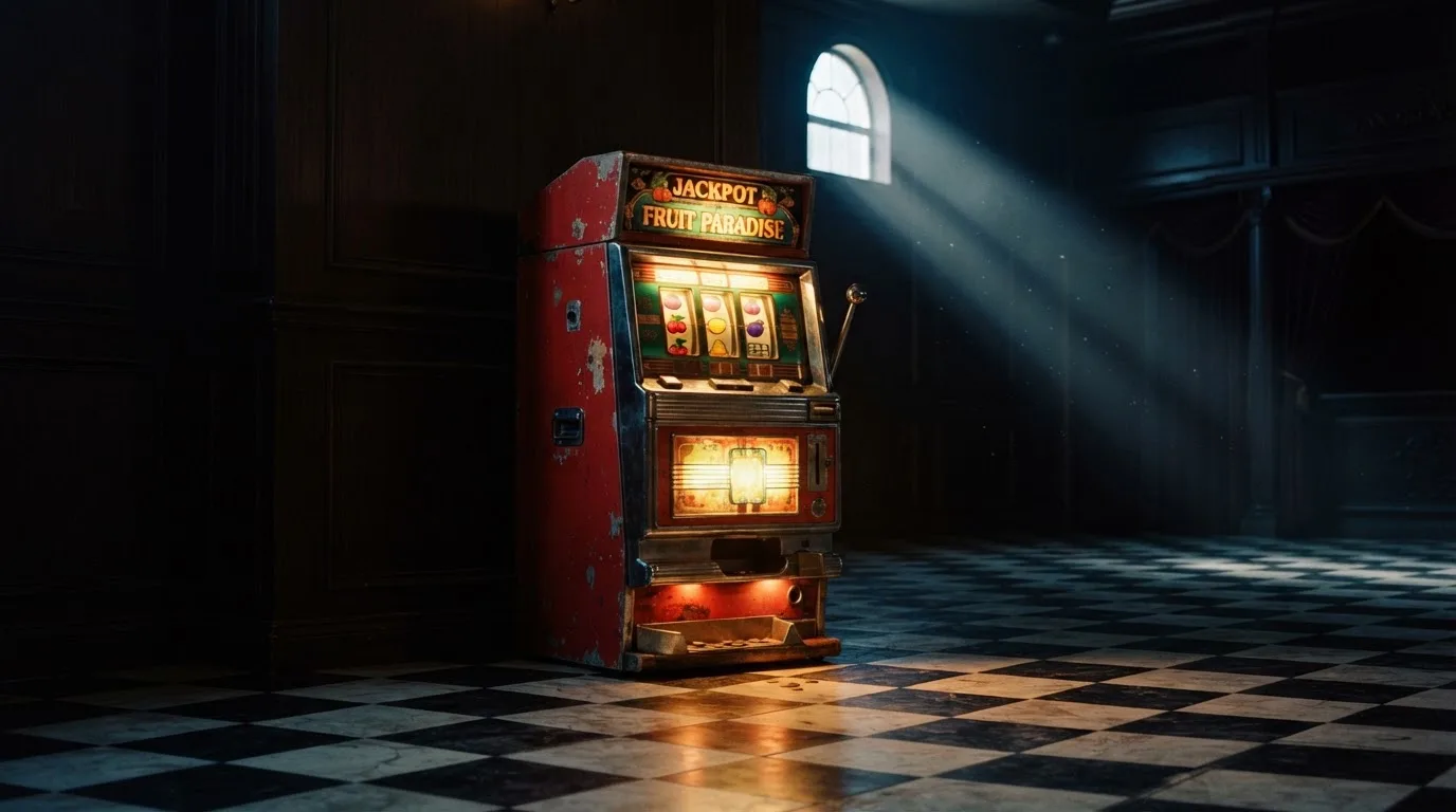En gammal spelautomat lyser i den dunkla hallen och speglar sig i golvet — casinon med curaçao licens