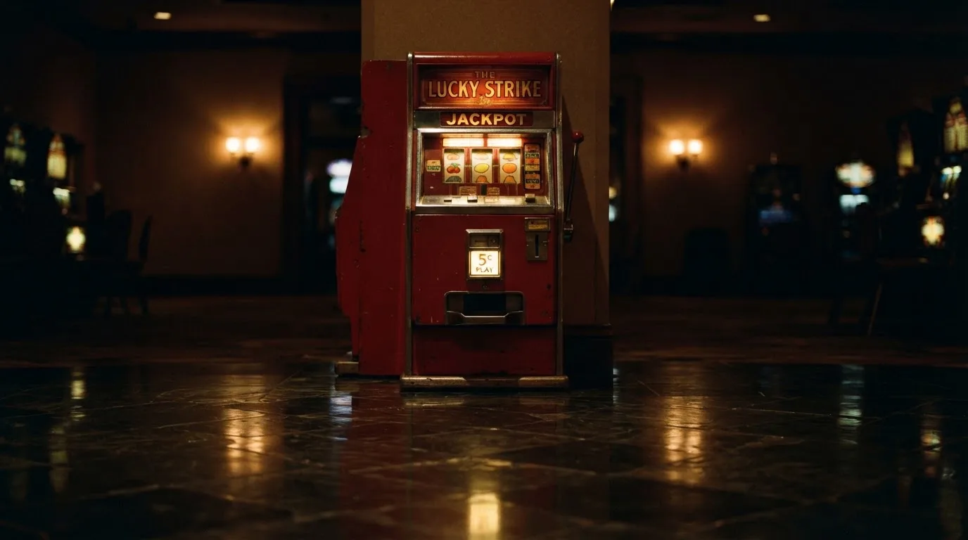 En gammal spelautomat lyser i den dunkla hallen och speglar sig i golvet — casinon med gratis spins i sverige