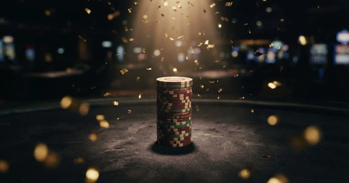 Guldkonfetti faller över spelmarker på ett svart bord, en ljuskägla träffar högens topp — casinon med gratis spins i sverige