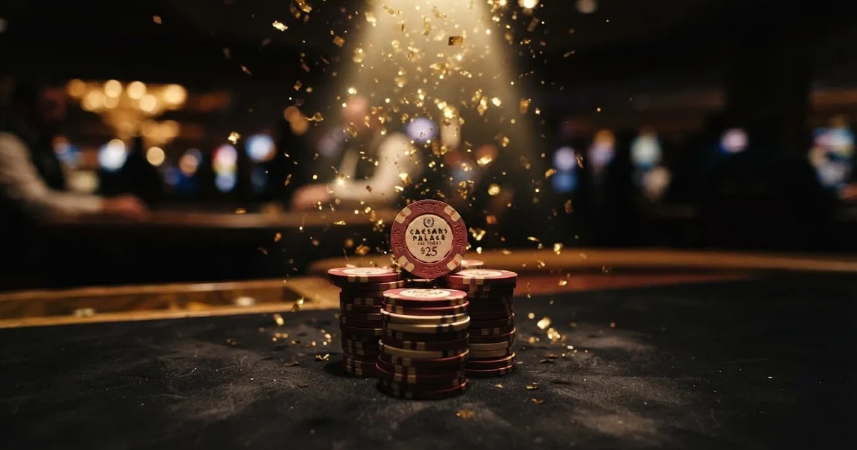 Guldkonfetti faller över spelmarker på ett svart bord, en ljuskägla träffar högens topp — casinon med gratissnurr