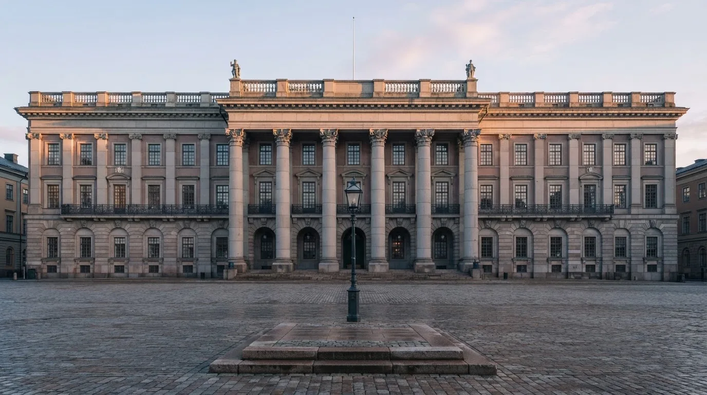 Stenfasad på en statlig byggnad i Stockholm vid gryning, höga pelare och ett tomt torg framför — casinon med gratissnurr