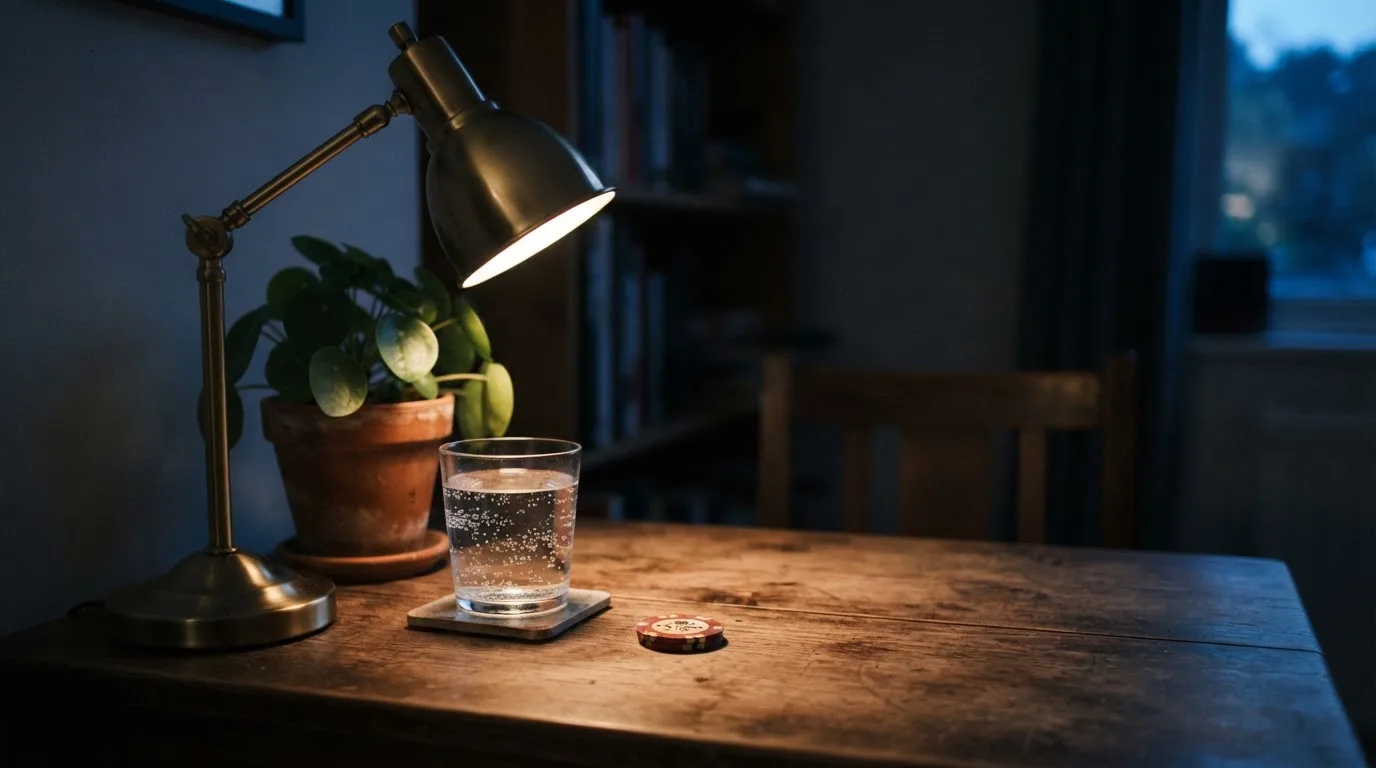 En skrivbordslampa lyser upp ett vattenglas och en kruka, rummet bakom mörknar sakta — casinon med insättningsbonus