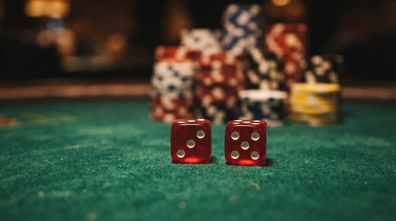 Röda tärningar vilar på grönt filt, bakom dem suddiga torn av spelmarker i kvällsdunklet — casinon med jackpot i sverige
