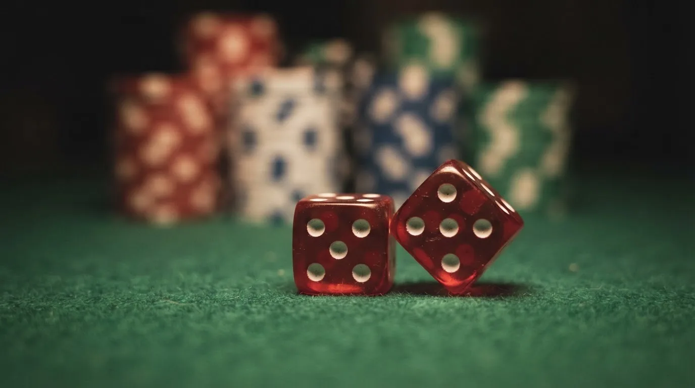 Röda tärningar vilar på grönt filt, bakom dem suddiga torn av spelmarker i kvällsdunklet — casinon med låg insättning