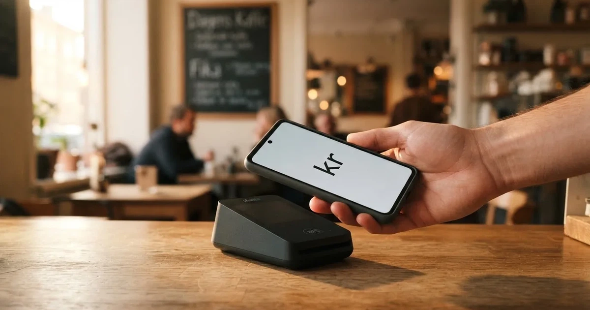 En hand håller ett betalkort nära en kortterminal för en kontaktlös betalning, fotograferat i närbild med varm belysning.