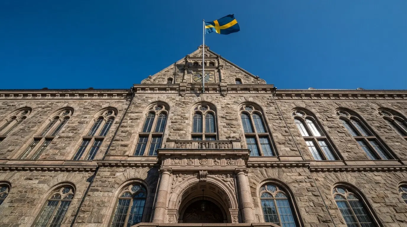 Ett gammalt stadshus i sten fotograferat underifrån mot en klarblå himmel, med den svenska flaggan som fladdrar ovanför entrén.