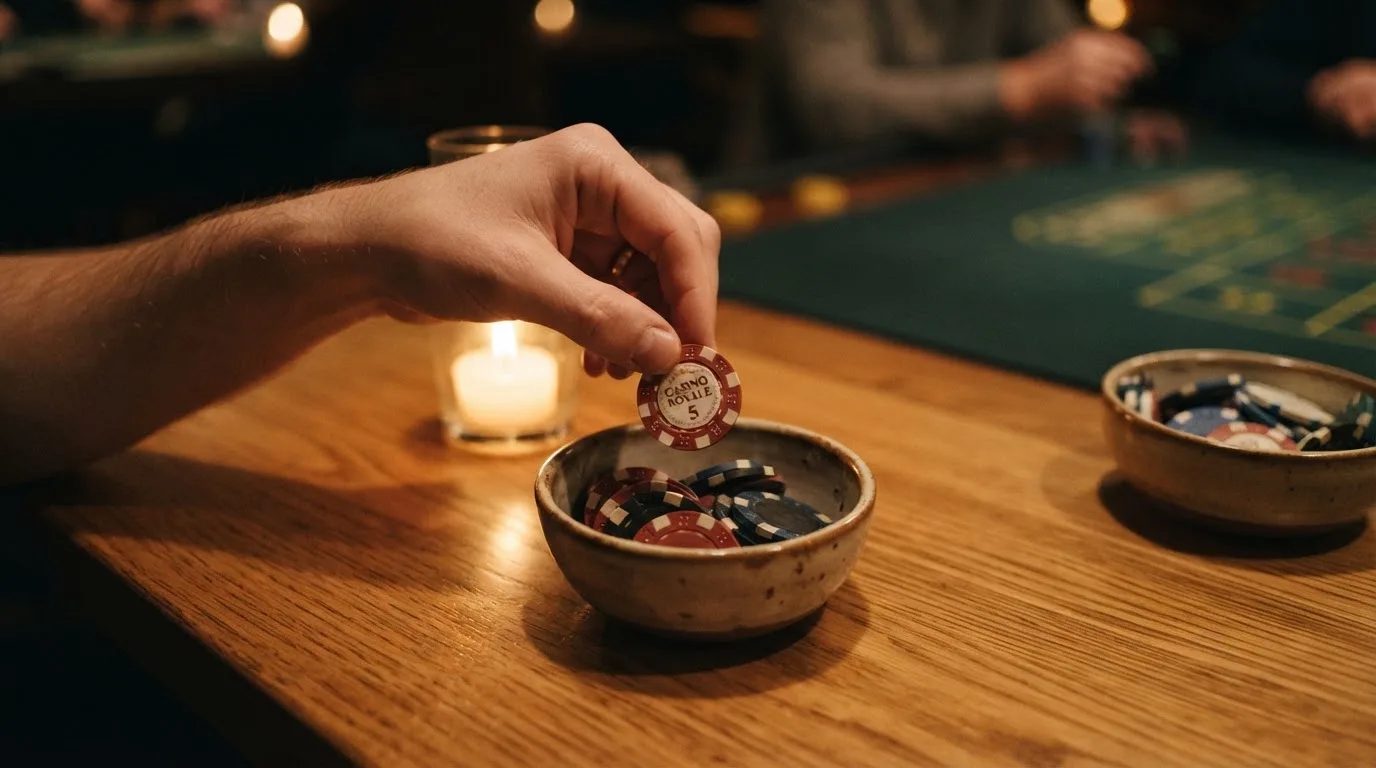 En hand lyfter en spelmark ur en skål, ljuslågan färgar bordet gyllenbrunt — casinon med roulette i sverige