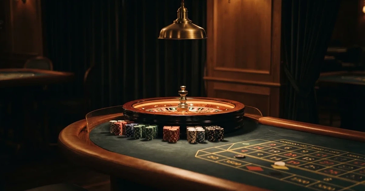 Ett ovalt pokerbord under en lågt hängande lampa, med spelmarker och en vit bricka i ljuset — casinon med roulette i sverige