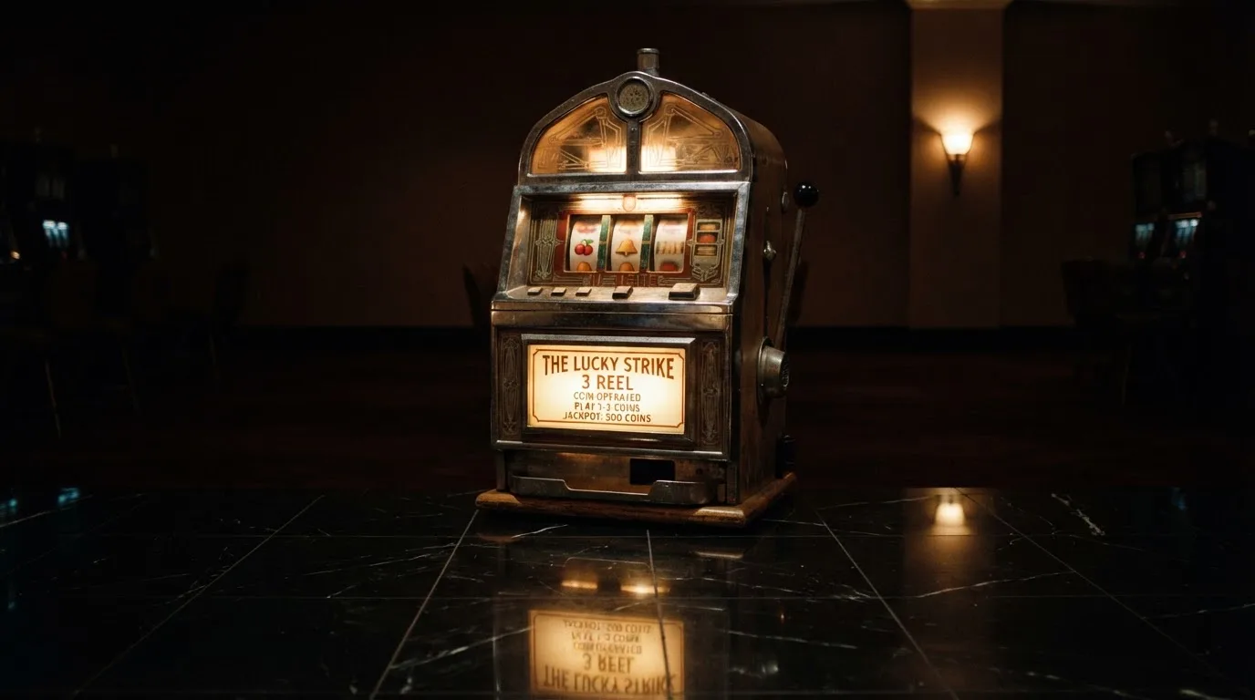 En gammal spelautomat lyser i den dunkla hallen och speglar sig i golvet — casinon med slots i sverige
