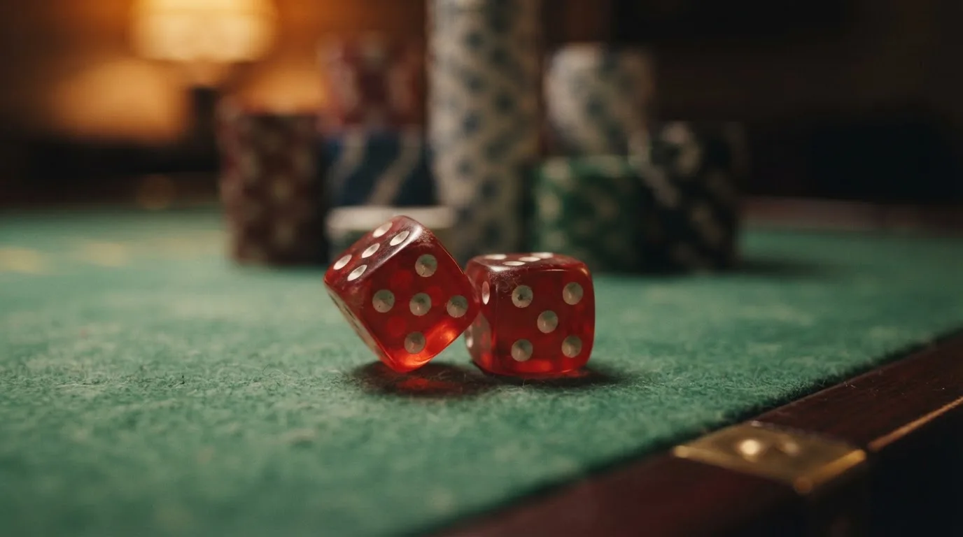Röda tärningar vilar på grönt filt, bakom dem suddiga torn av spelmarker i kvällsdunklet — casinon med spelautomater i sverige