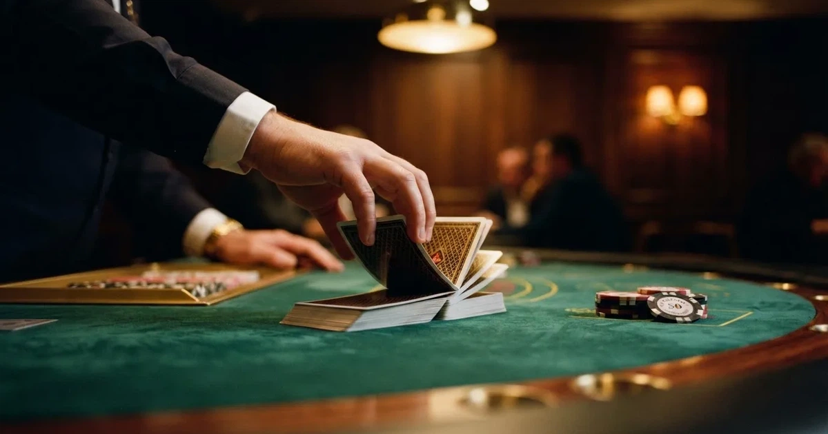 Croupierens händer blandar kort på grönt filt, taklampan speglas i den blanka kortbunten — casinon med spelautomater i sverige