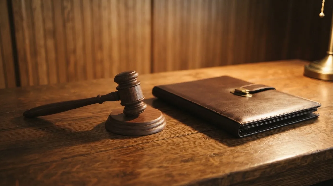 En domarklubba bredvid en sluten läderpärm på ett mörkt bord, ekpanel bakom — casinon med störst vinstchans