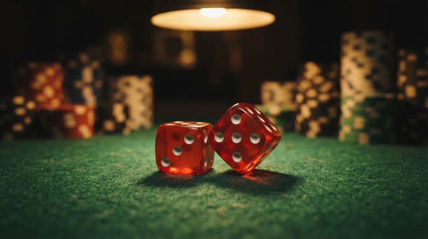 Röda tärningar vilar på grönt filt, bakom dem suddiga torn av spelmarker i kvällsdunklet — casinon med uttag i sverige