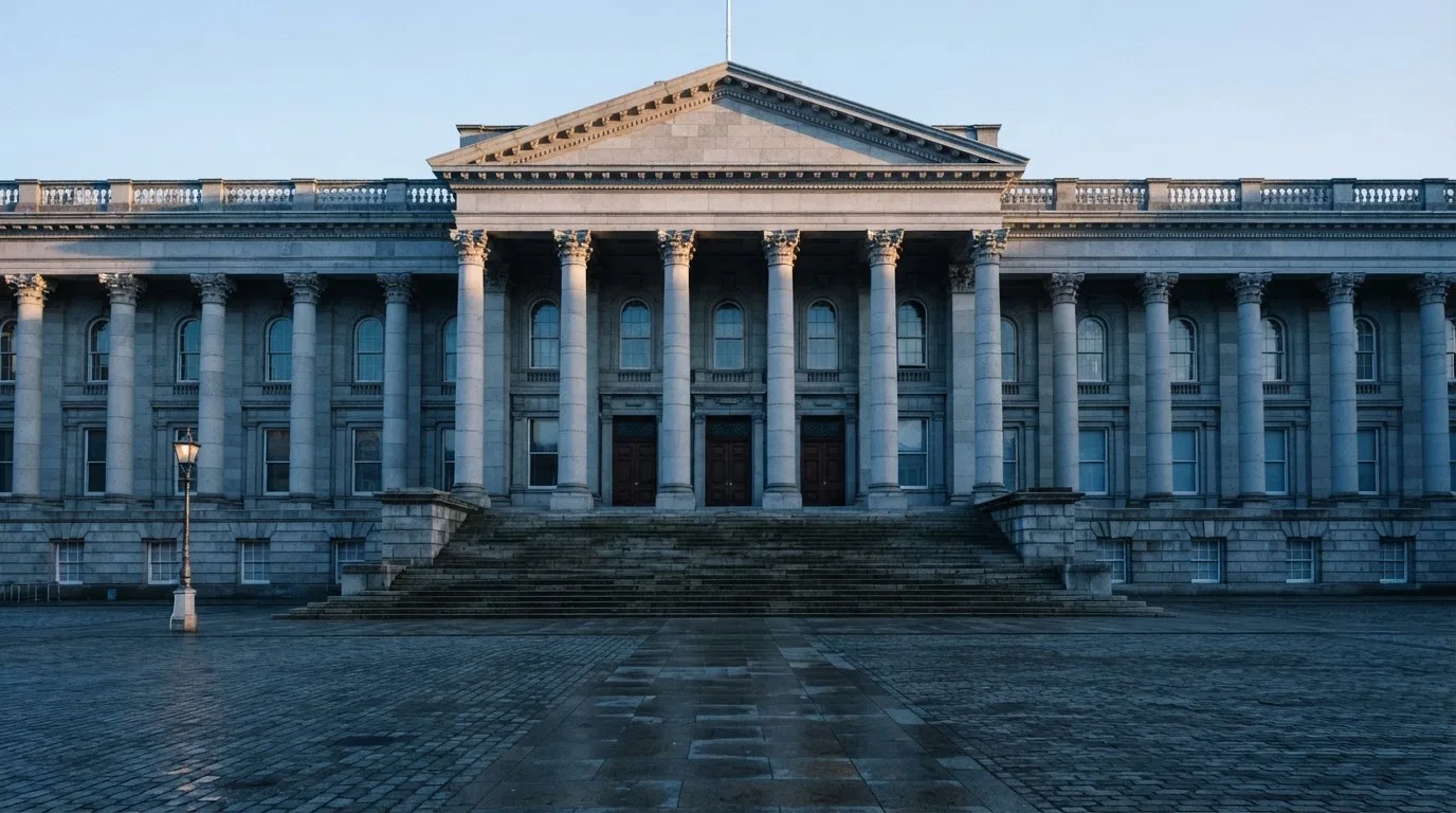 Stenfasad på en statlig byggnad i Stockholm vid gryning, höga pelare och ett tomt torg framför — casinon med uttag i sverige