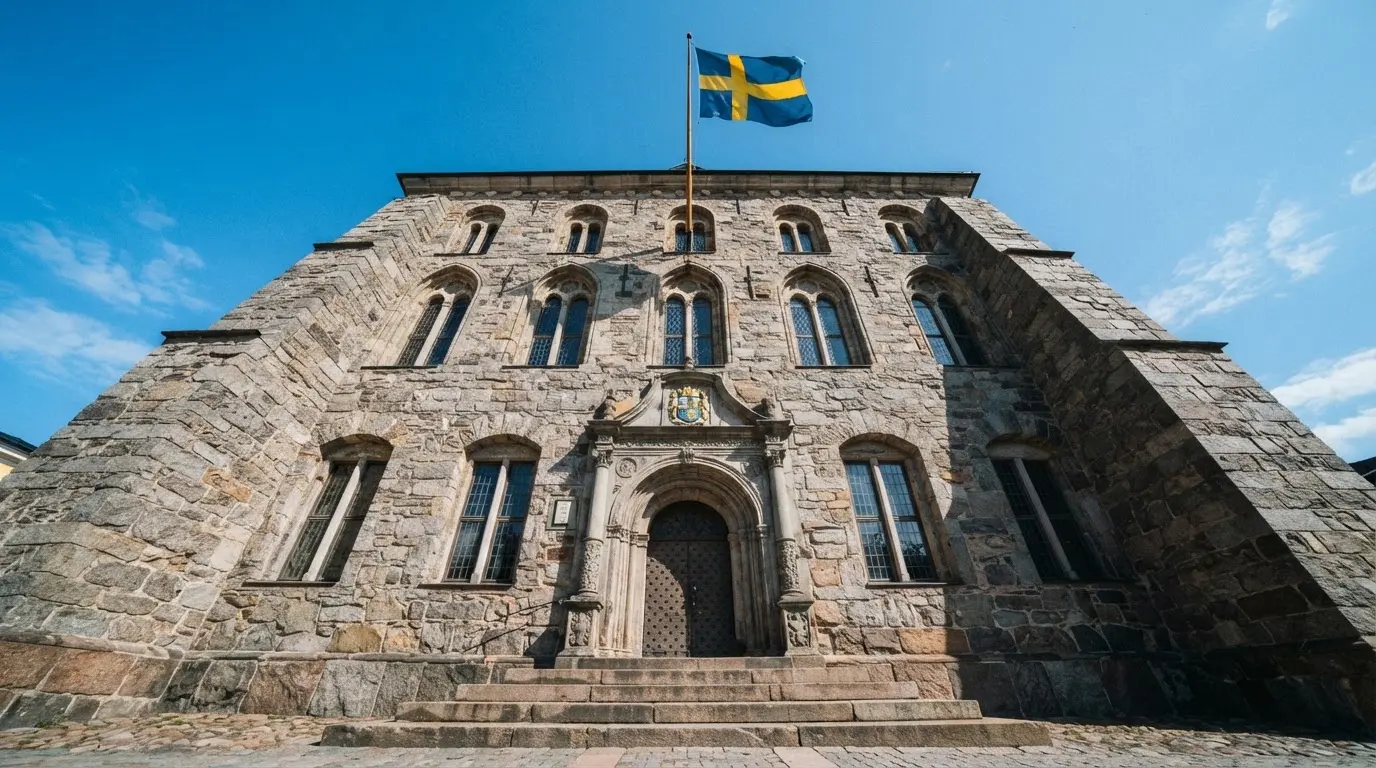 Ett gammalt stadshus i sten fotograferat underifrån mot en klarblå himmel, med den svenska flaggan som fladdrar ovanför entrén.