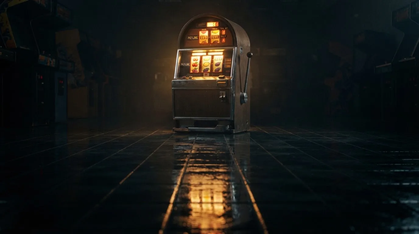 En gammal spelautomat lyser i den dunkla hallen och speglar sig i golvet — casinon med välkomsterbjudande
