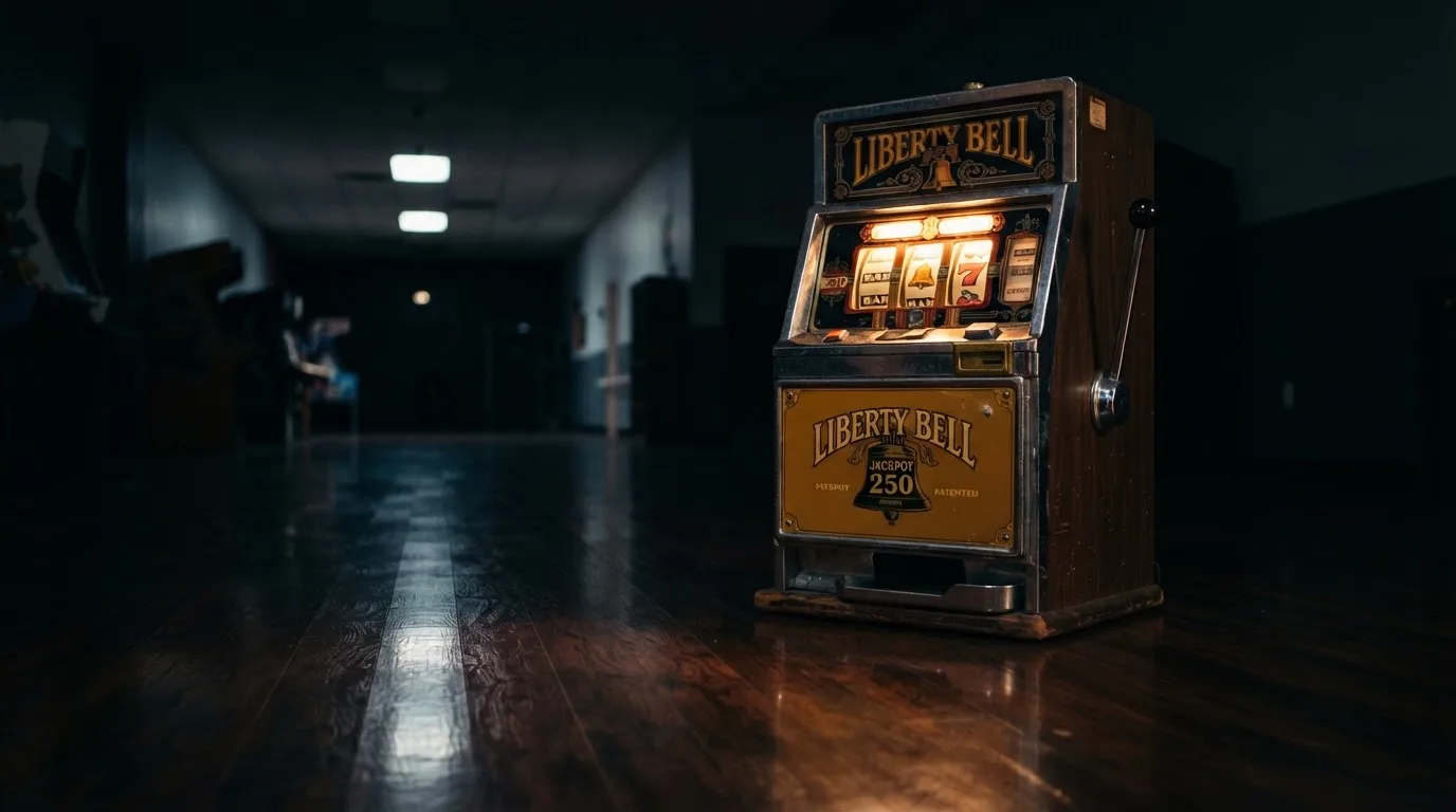 En gammal spelautomat lyser i den dunkla hallen och speglar sig i golvet — casinon utan bankid i sverige