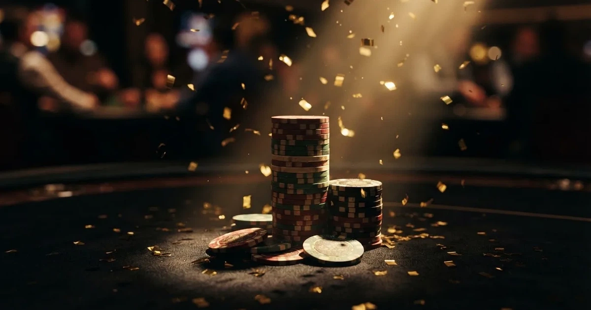 Guldkonfetti faller över spelmarker på ett svart bord, en ljuskägla träffar högens topp — casinon utan insättning i sverige