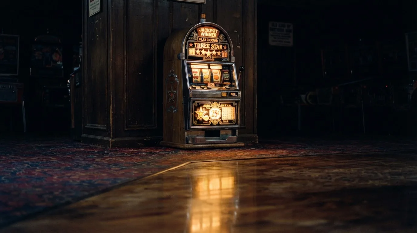 En gammal spelautomat lyser i den dunkla hallen och speglar sig i golvet — casinon utan omsättningskrav