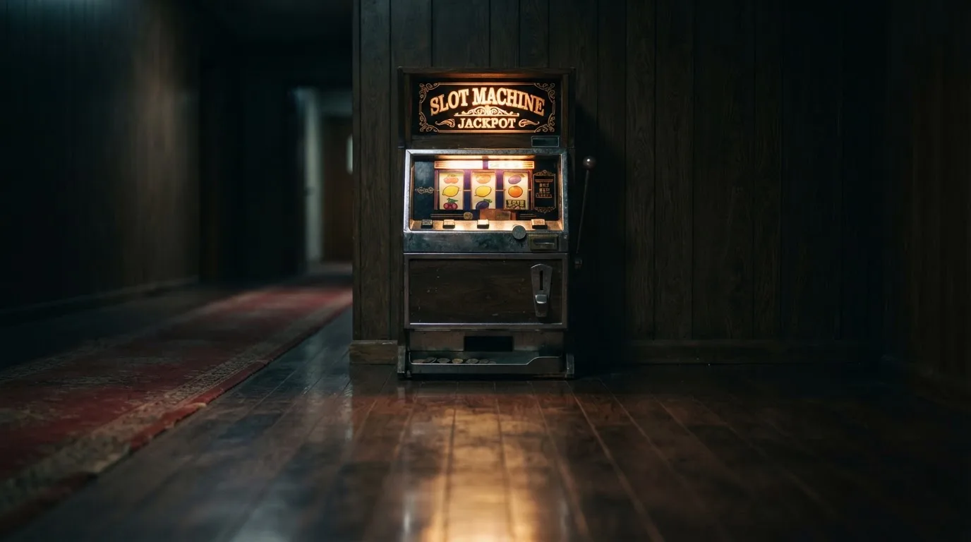 En gammal spelautomat lyser i den dunkla hallen och speglar sig i golvet — casinon utan spelgräns i sverige