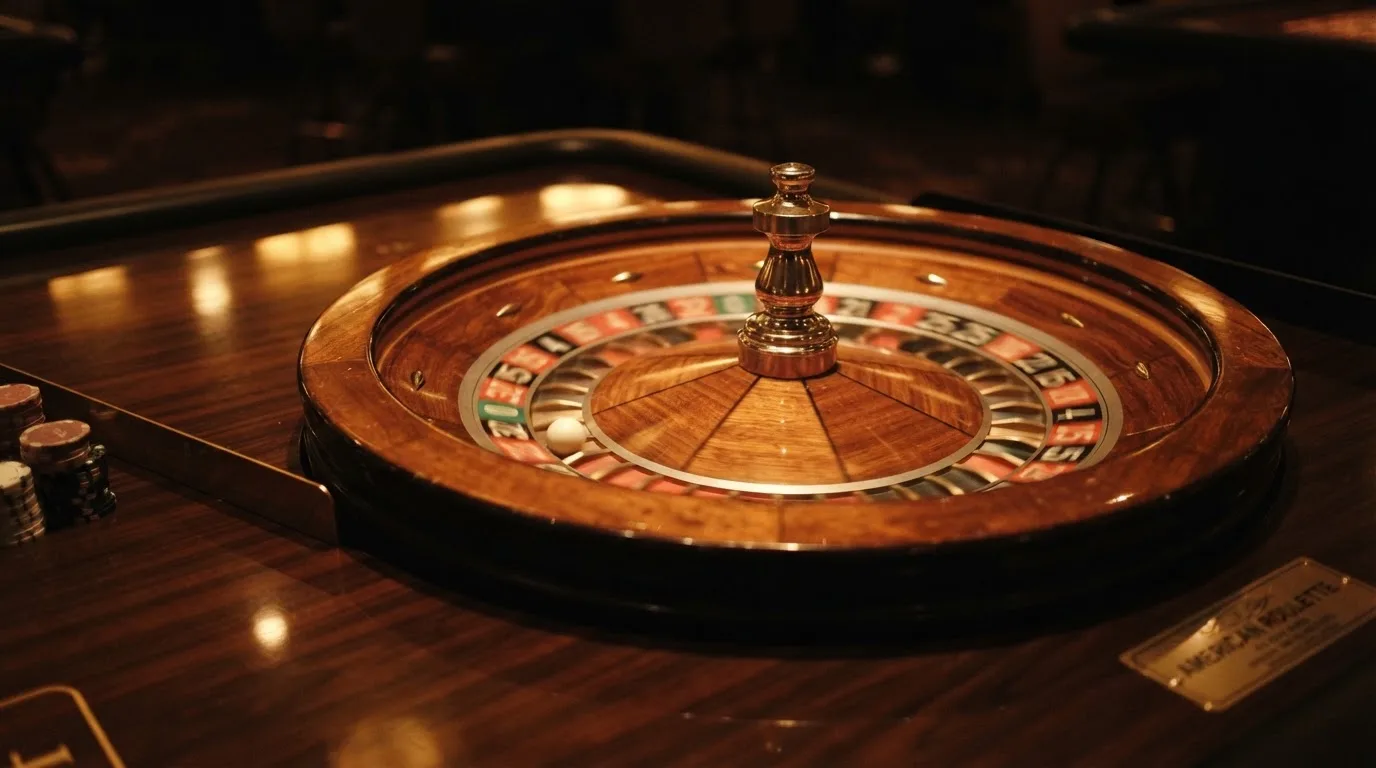 Ett roulettehjul snurrar på ett blankt träbord, den vita kulan glimmar i takljusets guld — casinon utomlands för svenskar