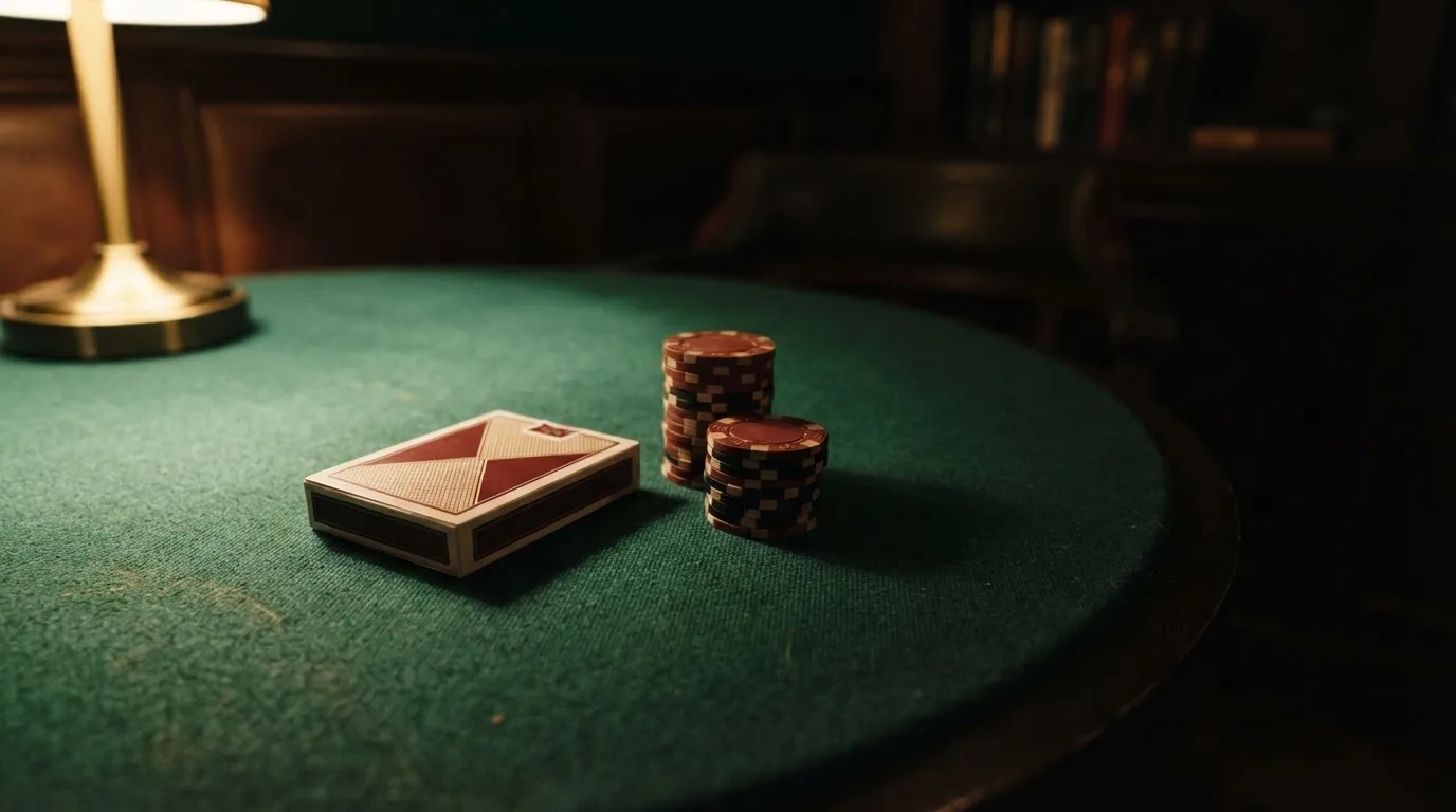 Kortlek och staplar av spelmarker på ett grönt filtbord i en dunkel salong, varmt lampsken — casinostugan för svenskar