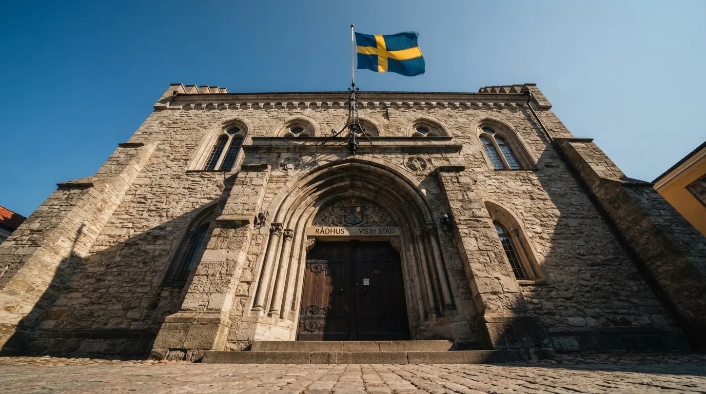 Ett gammalt stadshus i sten fotograferat underifrån mot en klarblå himmel, med den svenska flaggan som fladdrar ovanför entrén.