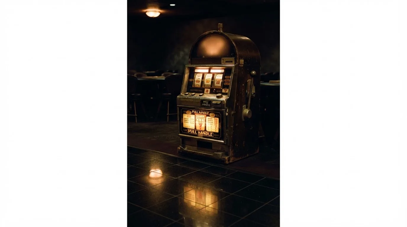 En gammal spelautomat lyser i den dunkla hallen och speglar sig i golvet — hur fungerar casino på nätet