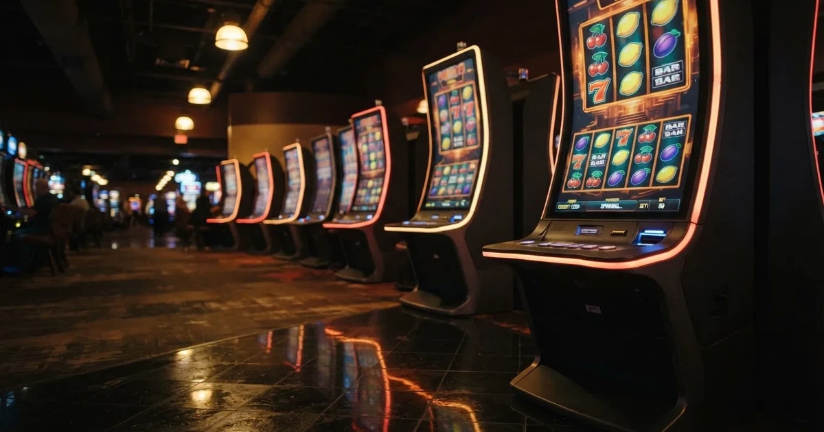 En rad spelskåp i en dunkel hall, rullarna lyser i olika färger och golvet speglar dem — hur fungerar casino på nätet