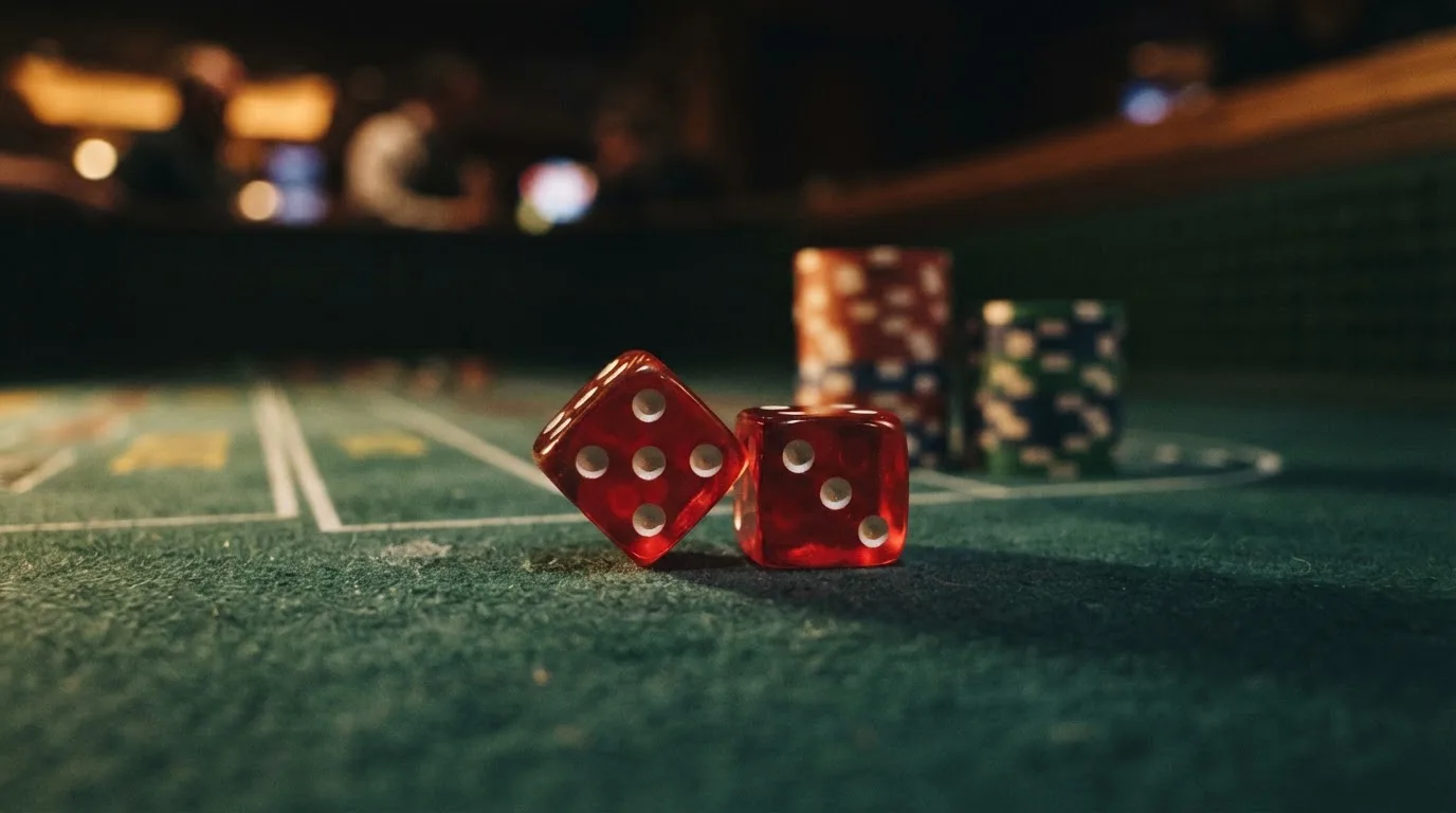 Röda tärningar vilar på grönt filt, bakom dem suddiga torn av spelmarker i kvällsdunklet — hur man vinner på casino