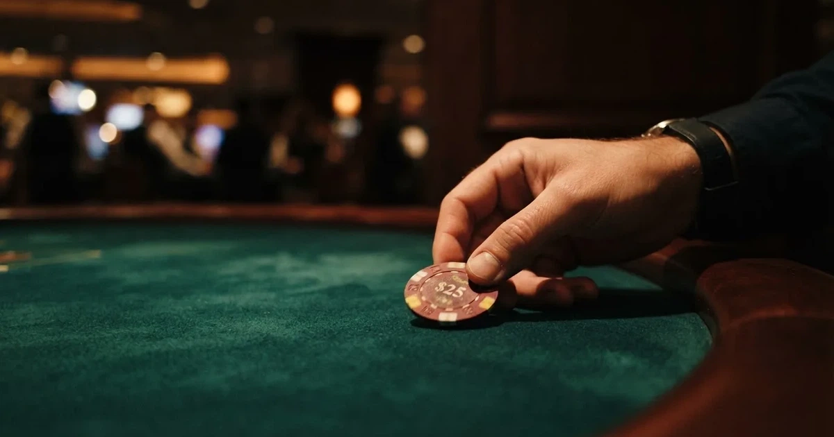 En hand skjuter en spelmark över filten, ljuset träffar fingrarna och markernas kanter glänser — hur man vinner på casino