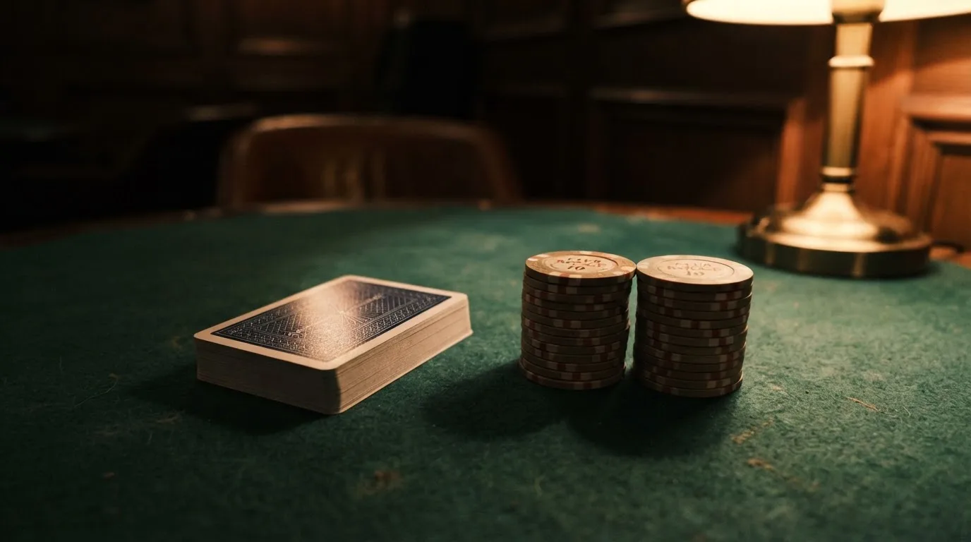 Kortlek och staplar av spelmarker på ett grönt filtbord i en dunkel salong, varmt lampsken — jämförelse av casinon i sverige