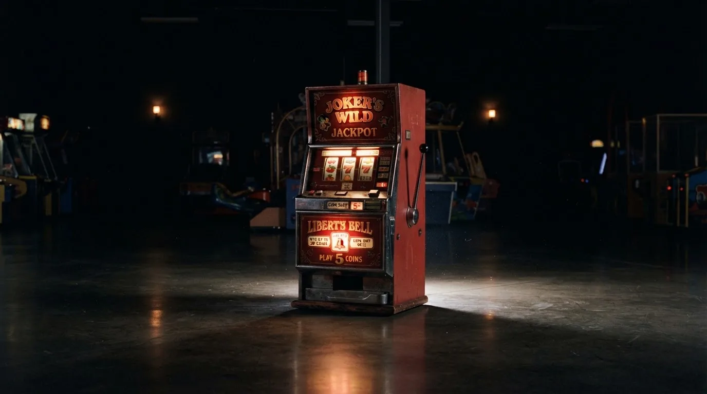 En gammal spelautomat lyser i den dunkla hallen och speglar sig i golvet — kampanjer på casinon i sverige