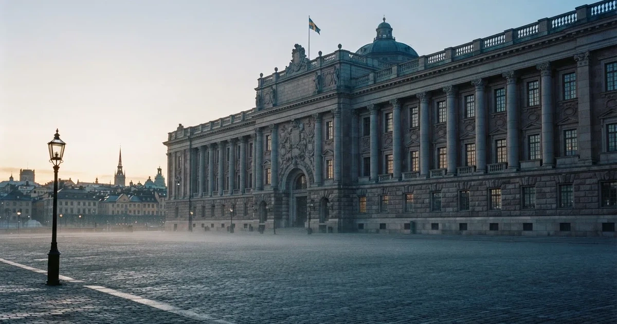 Stenfasad på en statlig byggnad i Stockholm vid gryning, höga pelare och ett tomt torg framför — kasinon utan licens i sverige