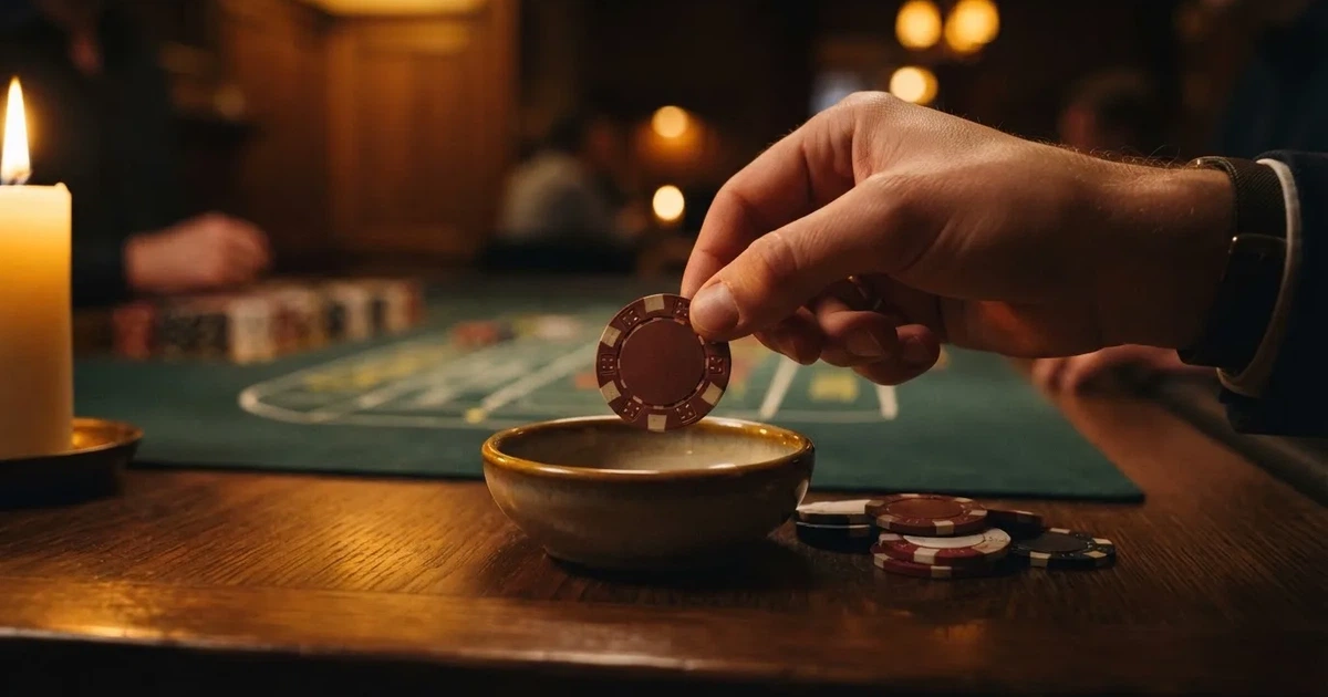 En hand lyfter en spelmark ur en skål, ljuslågan färgar bordet gyllenbrunt — kasinospel i sverige