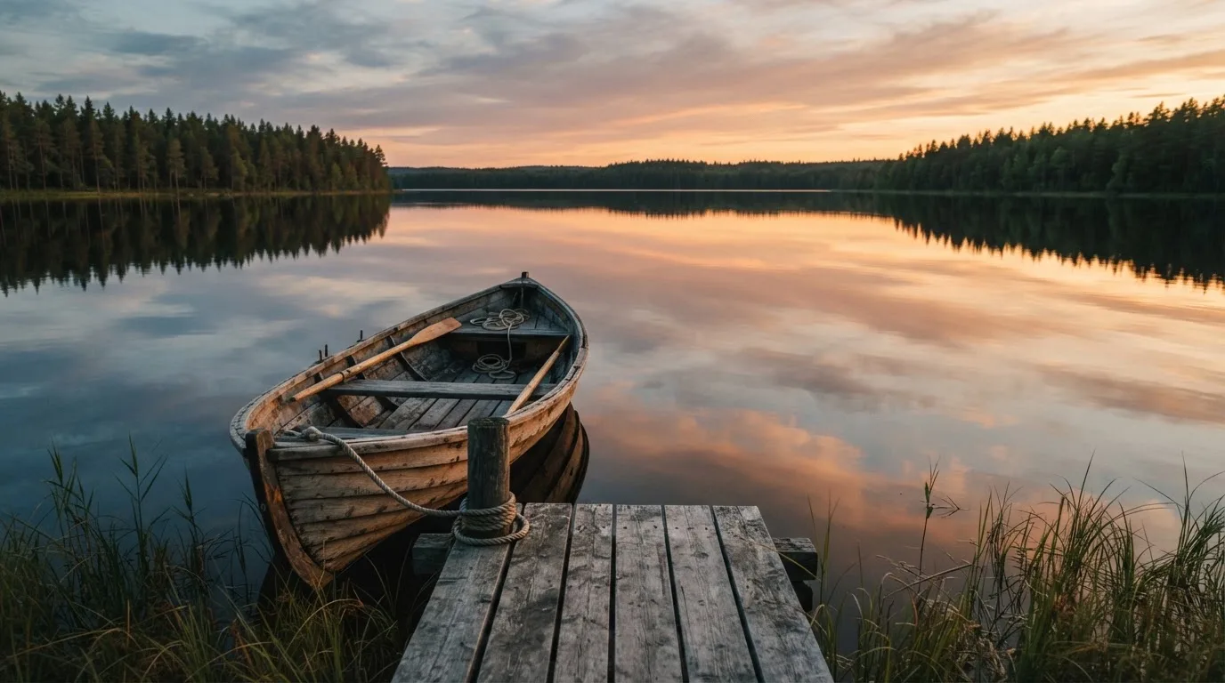En brygga vid en stilla sjö i solnedgång, roddbåten förtöjd och molnen speglas i vattnet — kasinospel i sverige