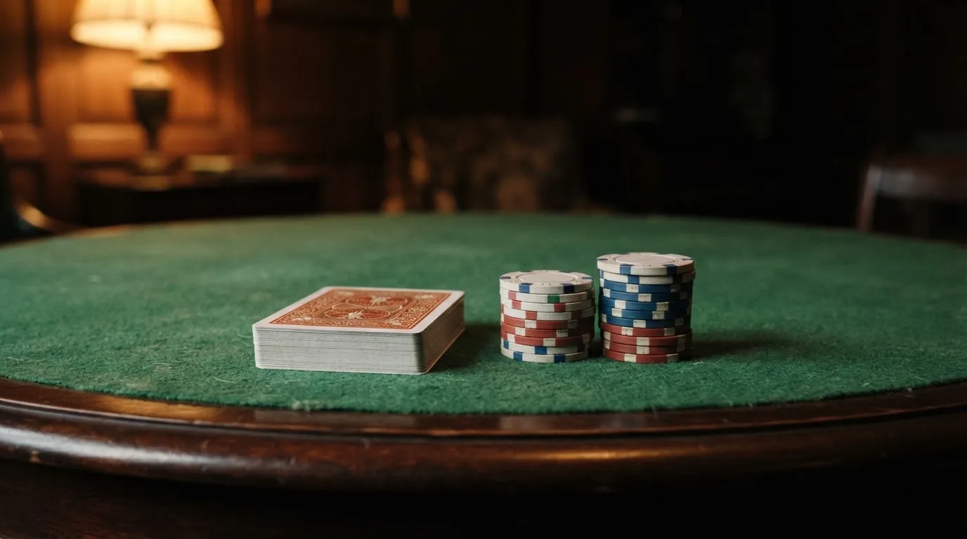 Kortlek och staplar av spelmarker på ett grönt filtbord i en dunkel salong, varmt lampsken — kortspel på ett kasino