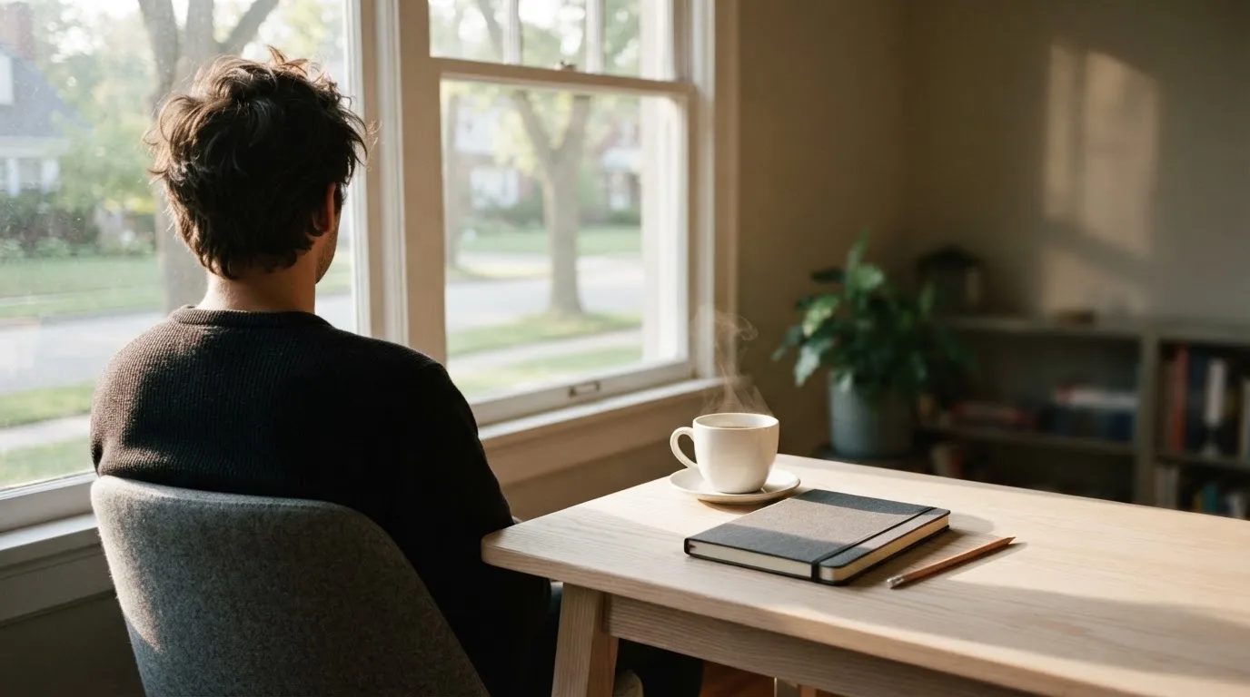 En person sitter vid ett skrivbord hemma med en kopp kaffe och tittar ut genom fönstret i mjukt morgonljus.