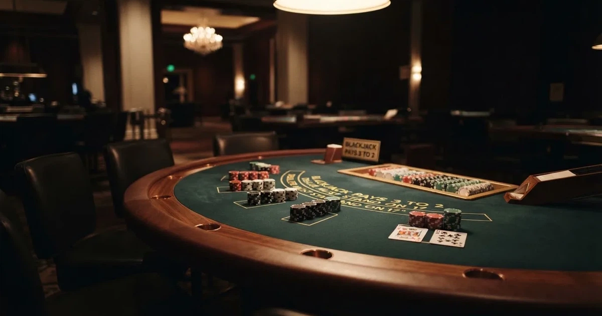 Ett halvmåneformat kortbord i en tyst sal, spelmarker framför varje plats och mjukt takljus — live blackjack i sverige
