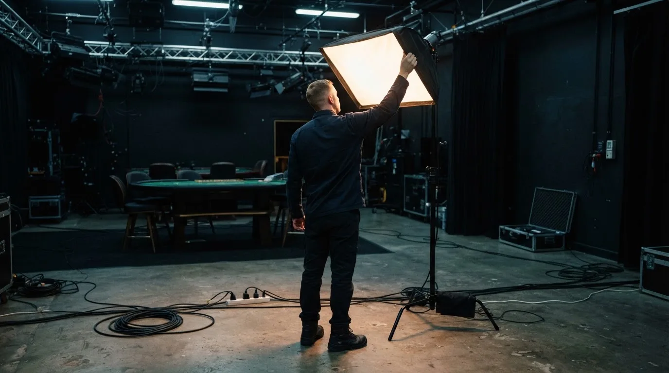 En tekniker justerar belysningsutrustning bakom scenen i ett tomt tv-studio-liknande rum med kablar synliga på golvet.