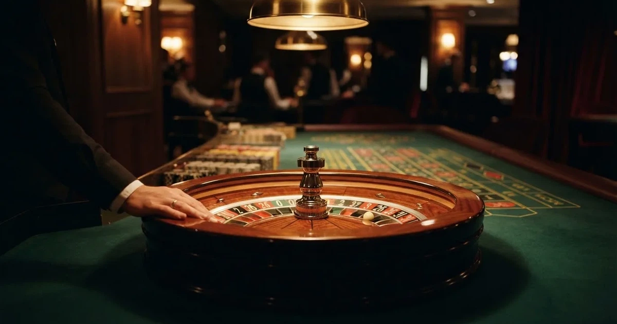 Croupierens händer blandar kort på grönt filt, taklampan speglas i den blanka kortbunten — live roulette i sverige