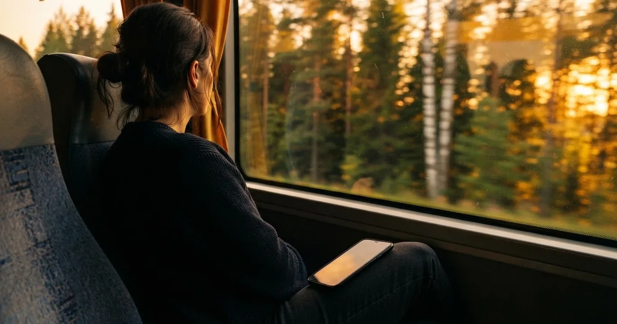 En passagerare vid bussfönstret med en stängd mobil i knät, granar flimrar förbi i solnedgång — mobil kasino i sverige