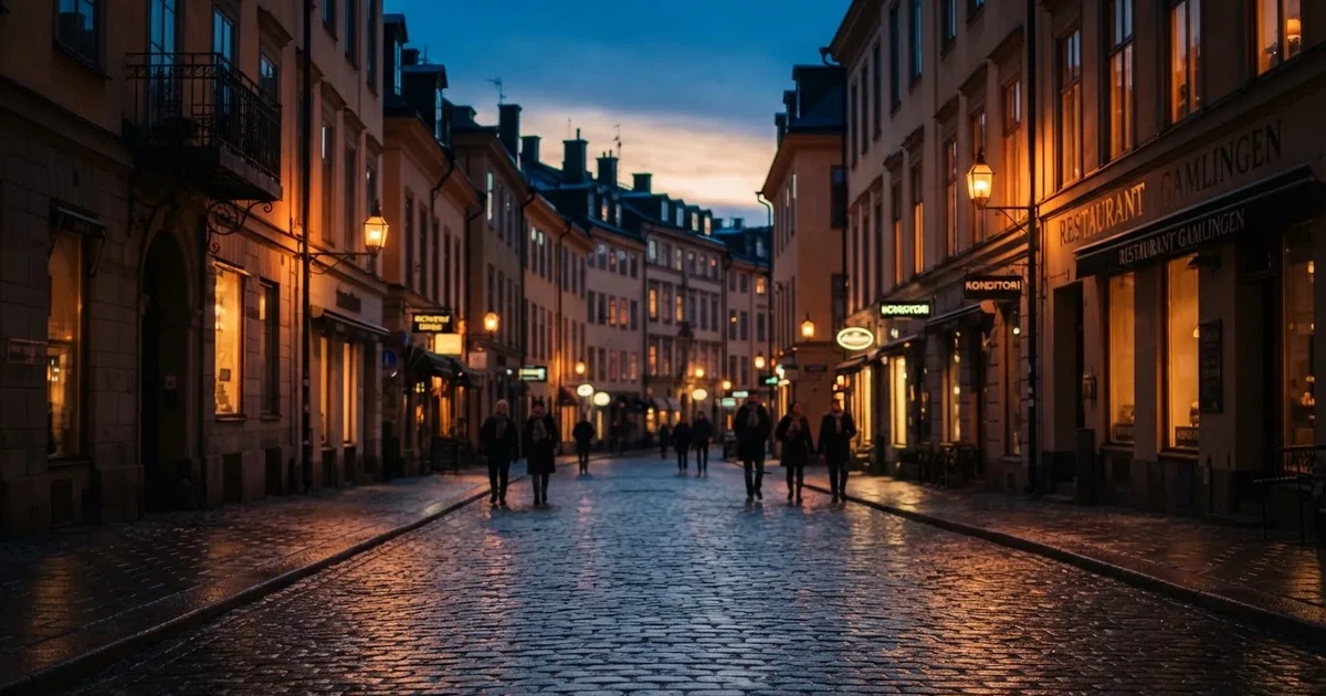 En stadsgata fotograferad i skymning med suddiga ljus från fönster i byggnader längs båda sidor.