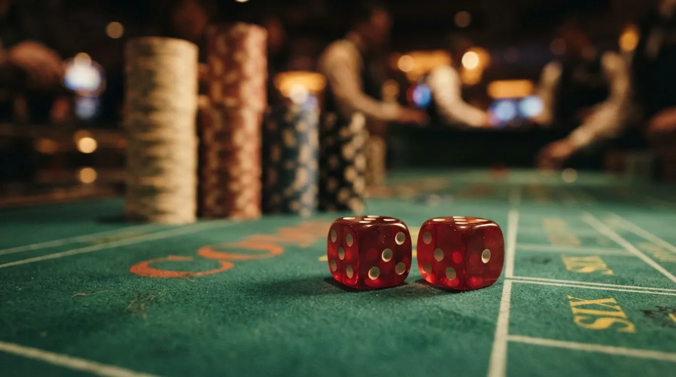 Röda tärningar vilar på grönt filt, bakom dem suddiga torn av spelmarker i kvällsdunklet — nytt casinon i sverige