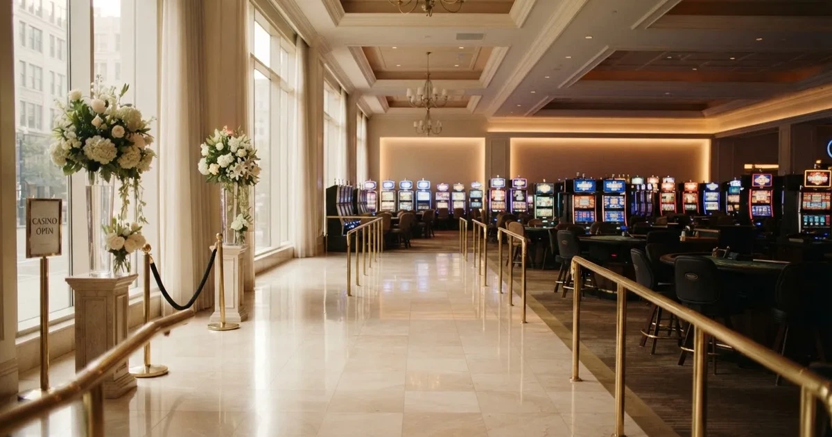 En nyöppnad spelsal med blankt marmorgolv, mässingsräcken och färska blommor i morgonljus — nytt casinon i sverige