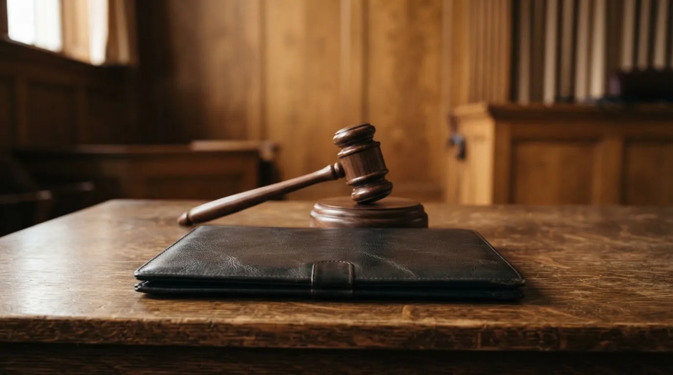 En domarklubba bredvid en sluten läderpärm på ett mörkt bord, ekpanel bakom — nytt casinon i sverige