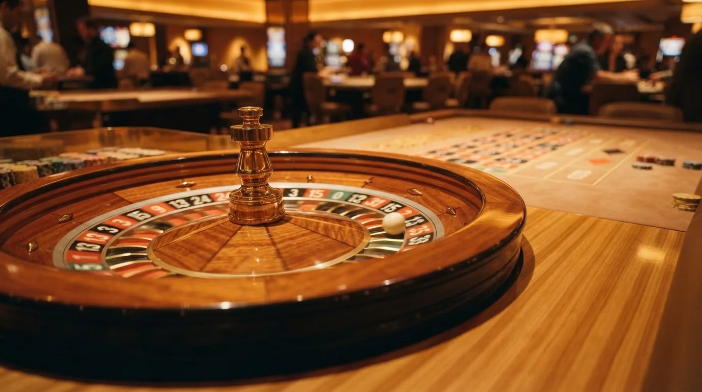 Ett roulettehjul snurrar på ett blankt träbord, den vita kulan glimmar i takljusets guld — online blackjack i sverige