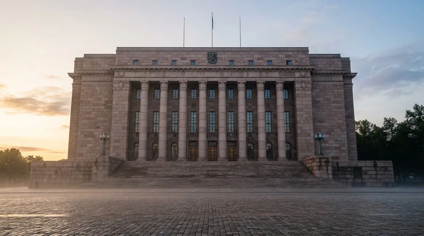 Stenfasad på en statlig byggnad i Stockholm vid gryning, höga pelare och ett tomt torg framför — online blackjack i sverige
