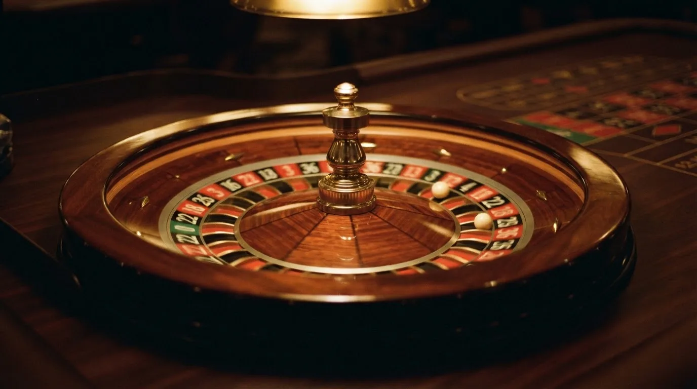 Ett roulettehjul snurrar på ett blankt träbord, den vita kulan glimmar i takljusets guld — online spelautomater i sverige